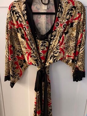 Lily Bloom Red, Black & Gold Baroque Satin Robe with Chemise